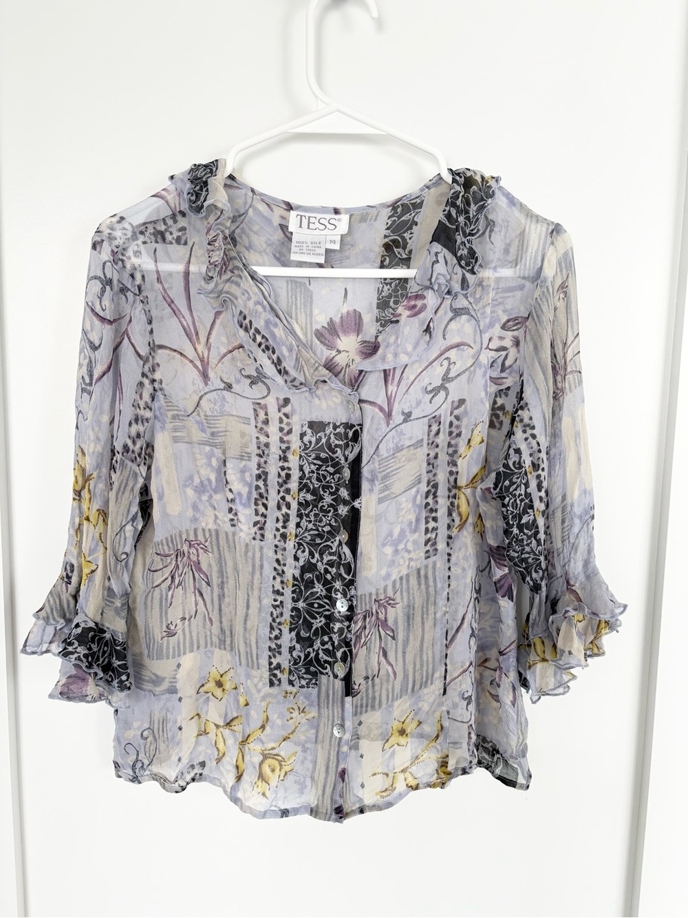 TESS Vintage 100% Silk Floral Patchwork Blouse Ruffle Trim Sheer size 14